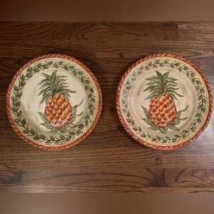 2 Tabletops Unlimited 11.25” Hand painted Provencial Pineapple Dinner Plates.